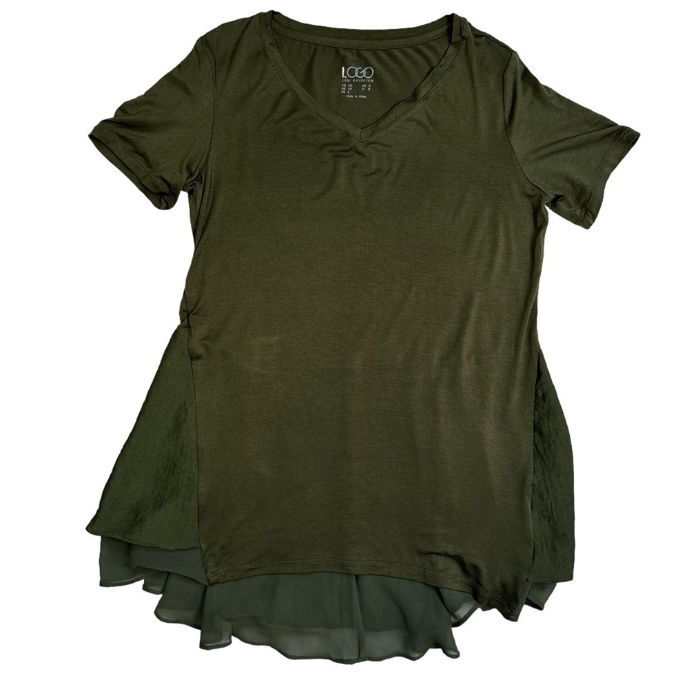 LOGO by Lori Goldstein Olive Green Peplum Tunic Top Size XS Chiffon Layer at Hem